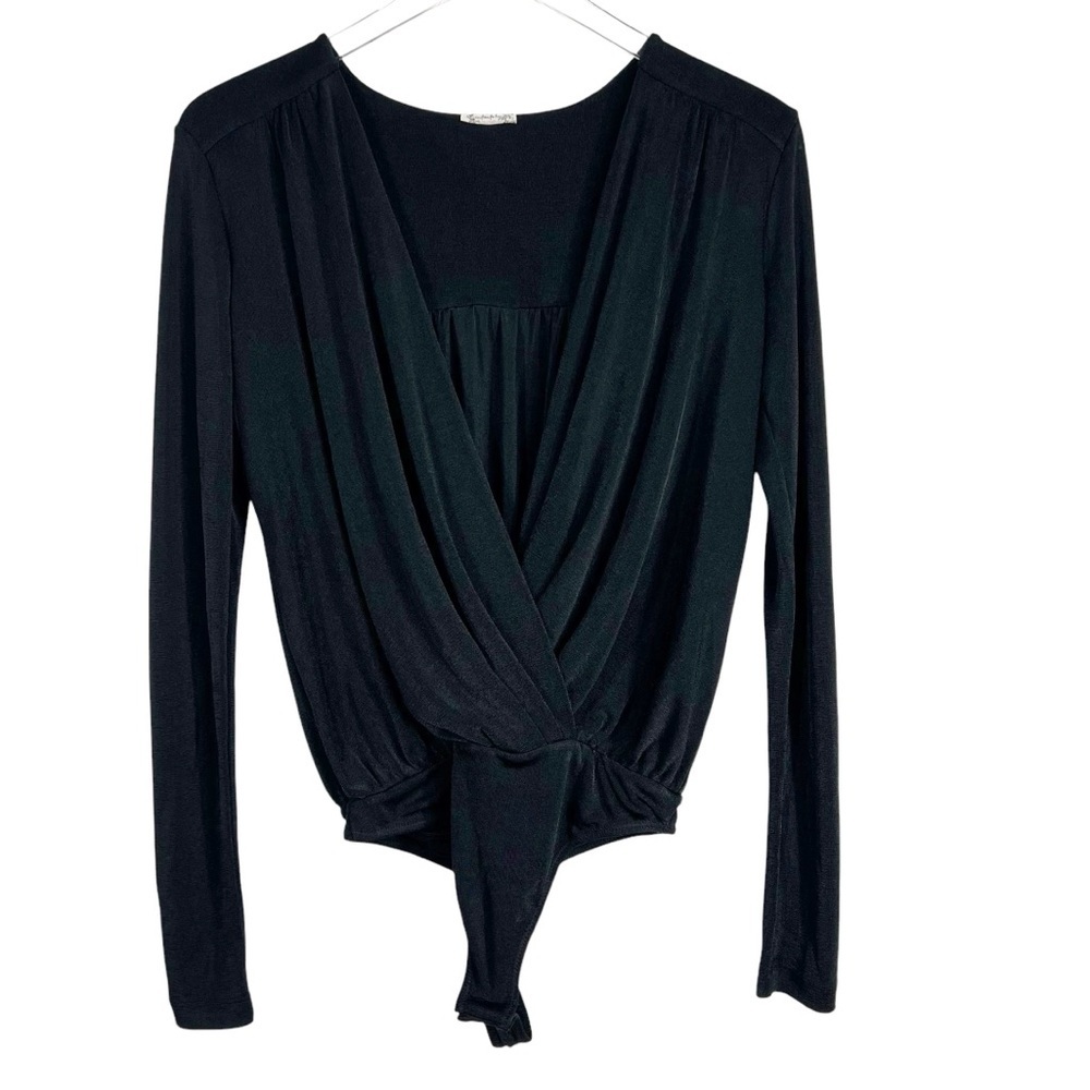 INTIMATELY FREE PEOPLE Black Deep V-Neck Knit Long Sleeve Body Suit Size Small